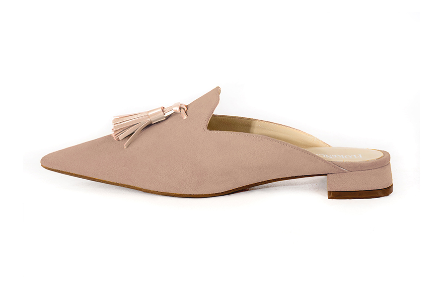 Biscuit beige and gold women's loafer mules. Pointed toe. Flat flare heels. Profile view - Florence KOOIJMAN